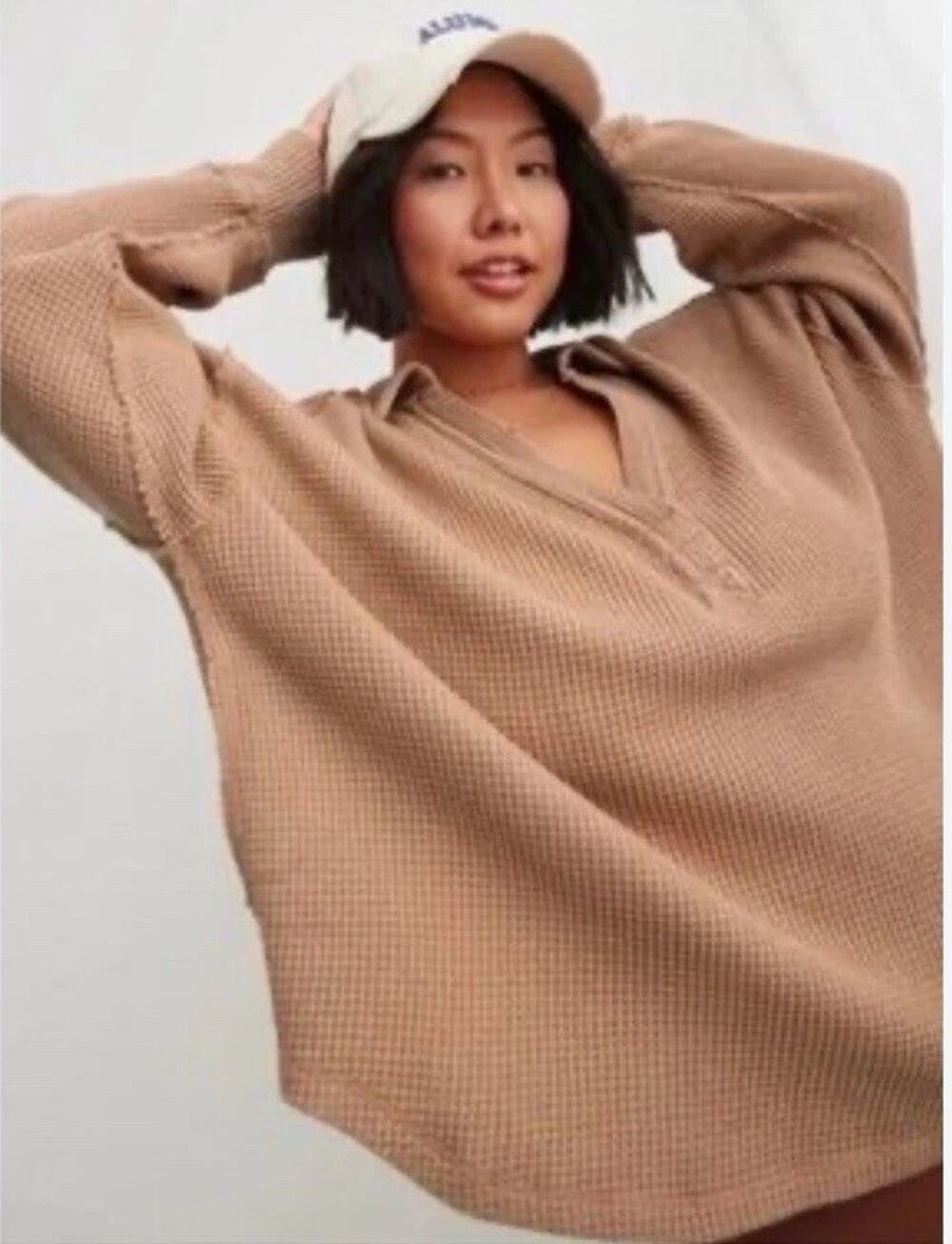 Aerie Lumbar Jane Waffle Knit Pullover Top Brown Size XS Oversized‎ Slouchy